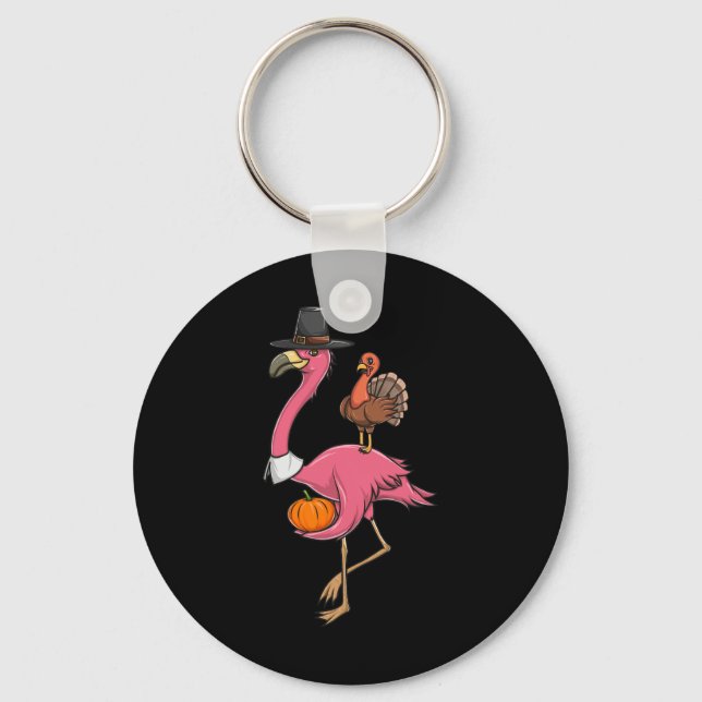 Rolig Flamingo-Pilgrim För Thanksgiving Med Turkie Nyckelring (Framsida)