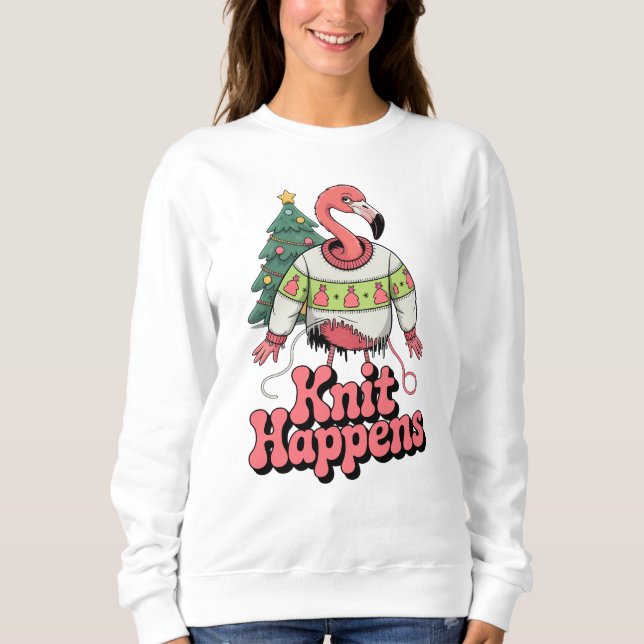Rolig Flamingo Stickad Blir Galen Ful Jultröja T Shirt (Framsida)
