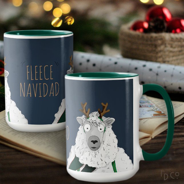 Rolig 'Fleece Navidad' Får Tecknad Bild Blå Grå Mugg (Skapare uppladdad)