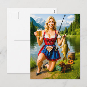 Rolig flicka fiskar i traditionell bayersk dräkt helg vykort