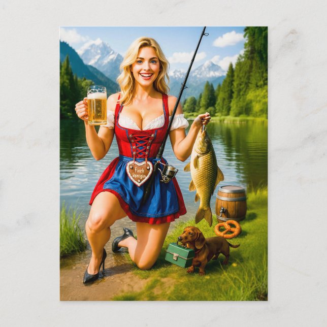 Rolig flicka fiskar i traditionell bayersk dräkt vykort (Framsida)