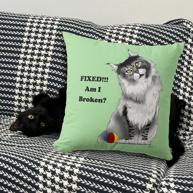 Rolig Fluffig Maine Coon Katt Grön Humor Kudde (Skapare uppladdad)