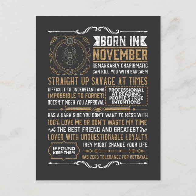 Rolig Född I November Födelsedag Skorpionen Zodiak Vykort (Framsida)