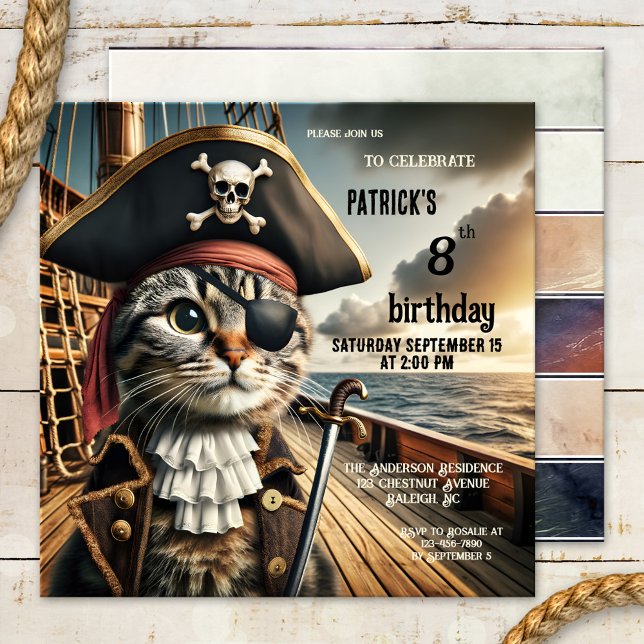 Rolig Födelsedag För Kattpirat Inbjudningar (A funny birthday party invitation  for children featuring a pirate cat on a clipper)