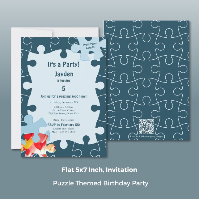Rolig Födelsedagsfest med Pusseltema för 5-Åringar Inbjudningar (Fun Jigsaw Puzzle Themed 5th Birthday Party Invitation, Portrait, Flat 5x7 Inch)
