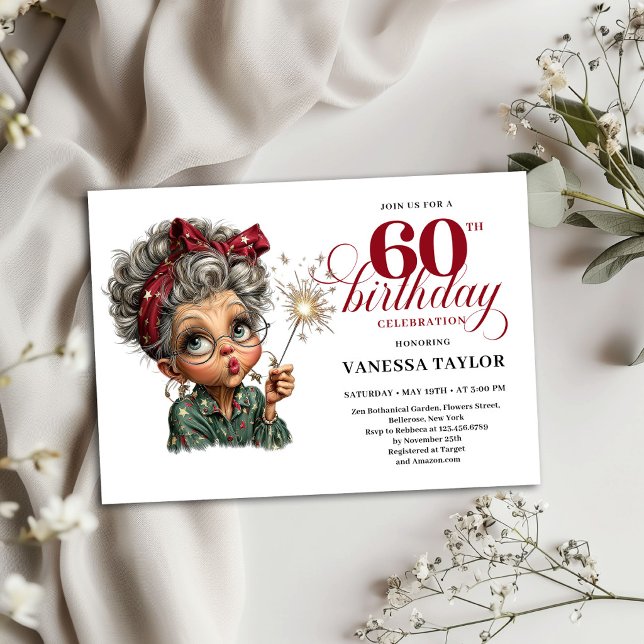 Rolig födelsedagsinbjudan för gammal dam 60-årsfir inbjudningar (Old Lady Funny 60th Birthday Invite Party Card)