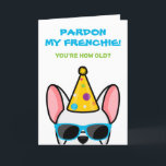 Rolig födelsedagskort för vit fransk bulldog frans kort<br><div class="desc">Om du känner någon som älskar franska bulldoggar och har en bra humor, är detta roliga franska födelsedagskort perfekt att skicka till dem på deras speciella dag. Designen visar en serieillustration av en vit fransk bulldog som bär en födelsedagsmössa och solglasögon med texten "Pardon my frenchie! You're how old?" skriven...</div>