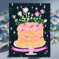 Rolig födelsedagstårta med rosa blommor Gouache 