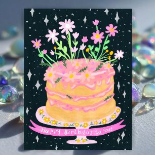 Rolig födelsedagstårta med rosa blommor Gouache Vykort