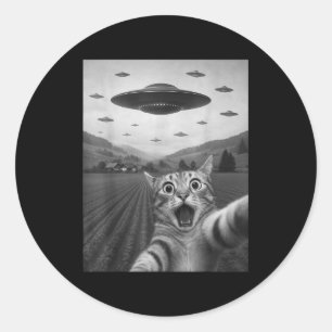 Rolig Förvånad Ed Katt Selfie Med Alien Ufo Katt U Runt Klistermärke