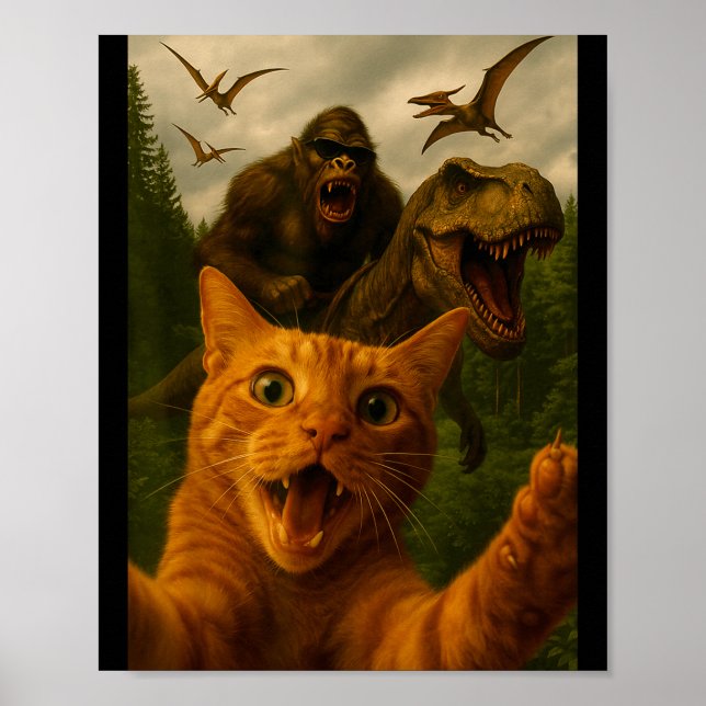 Rolig Förvånad Ed Katt Selfie Med Bigfoot T-Rex Poster (Framsidan)