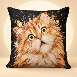 Rolig Förvånad Fluffig Orange Katt Akvarell Kudde