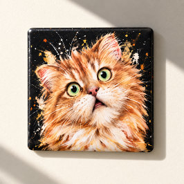Rolig Förvånad Fluffig Orange Katt Akvarell Magnet