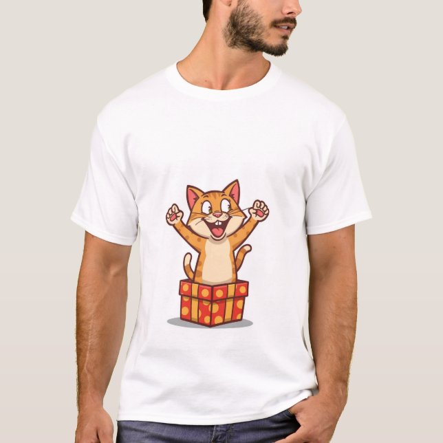 Rolig Förvånad Katt Hoppar Ut Ur Presentlåda✨🎁 T Shirt (Framsida)