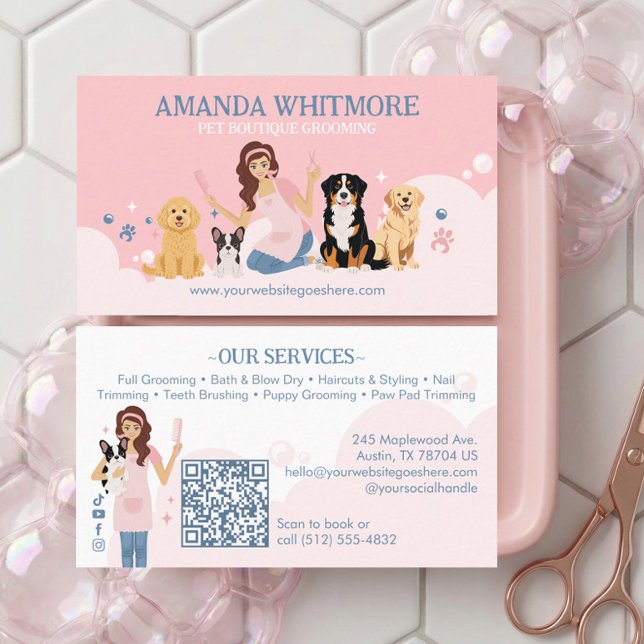 Rolig Förvärnad Husdjur Hund Frisör Professionell  Visitkort (Fun Pampered Pet Dog Groomer Professional Stylist Business Card)