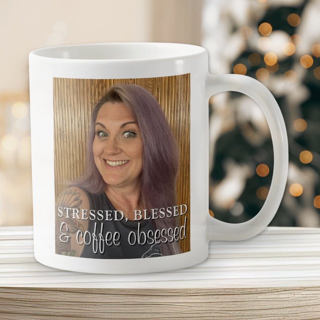 Rolig fotomodern koffeingspresent för henne kaffemugg (Funny 1 photo modern caffeine lover gift for her coffee mug stressed, blessed and caffeine obsessed)