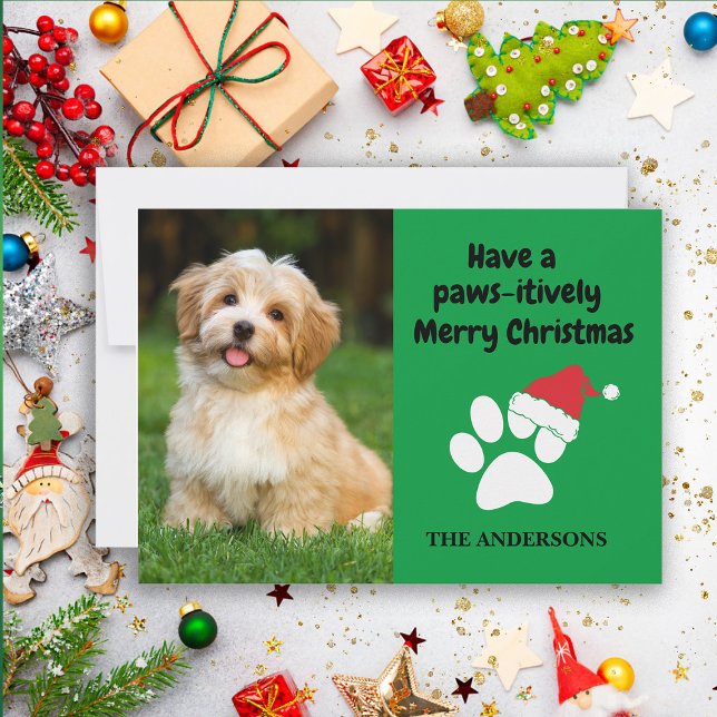 Rolig foton på husdjurshund med julmössa på panna  julkort (Festive red and green Christmas greeting card with your dog's photo. Personalize with your own text.)