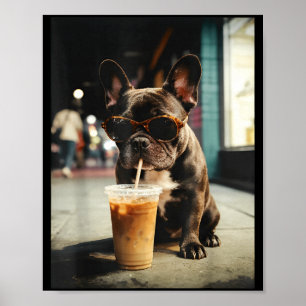 Rolig fransk bulldog som dricker iskaffe cool hund poster