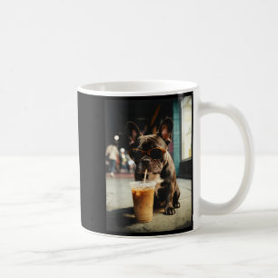 Rolig fransk bulldogg dricker iskaffe cool hund kaffemugg