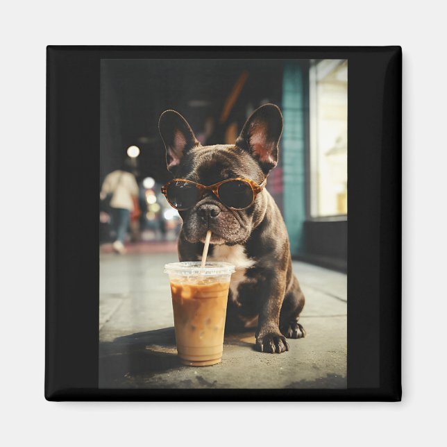 Rolig fransk bulldogg dricker iskaffe cool hund magnet (Framsidan)