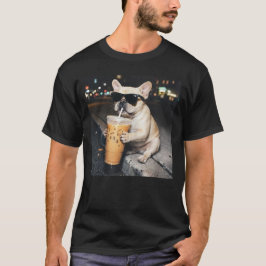 Rolig fransk bulldogg dricker iskaffe t shirt