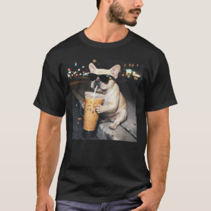 Rolig fransk bulldogg dricker iskaffe t shirt