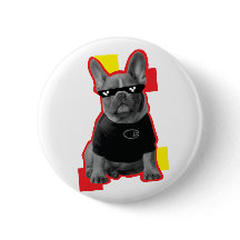 Rolig fransk bulldogg med pixel-solglasögon knapp 