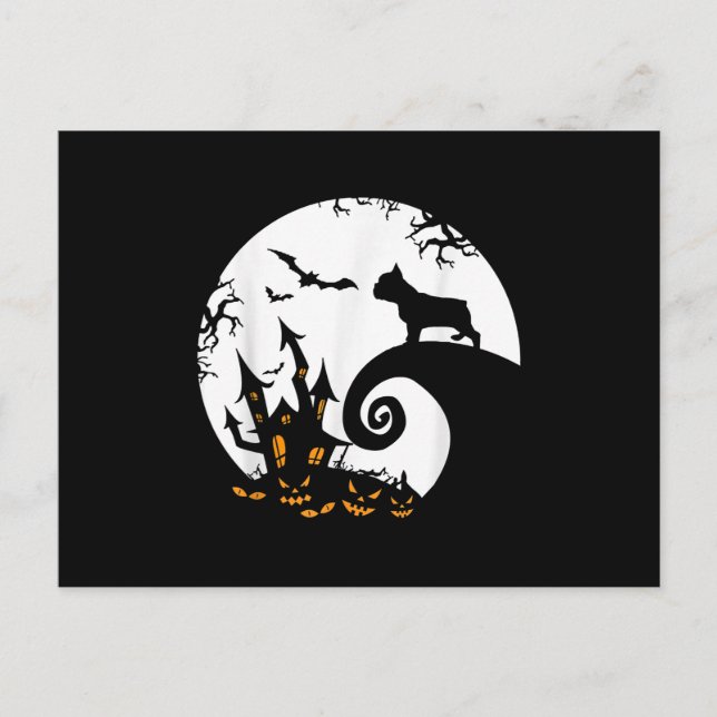 Rolig fransk bulldogg och mån Halloween-kostym Helg Vykort (Framsida)