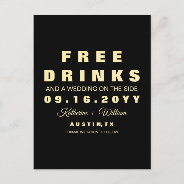 Rolig fri drinkbröllop spara datum meddelande vykort (Framsida)