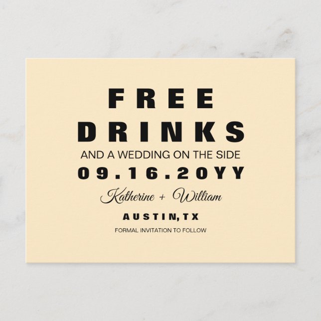 Rolig fri drinkbröllop spara datum meddelande vykort (Framsida)
