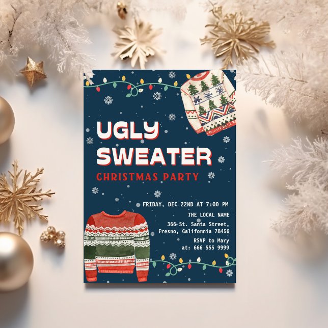 Rolig ful jultröja julfest inbjudningar (Funny ugly sweater blue christmas party invitation)