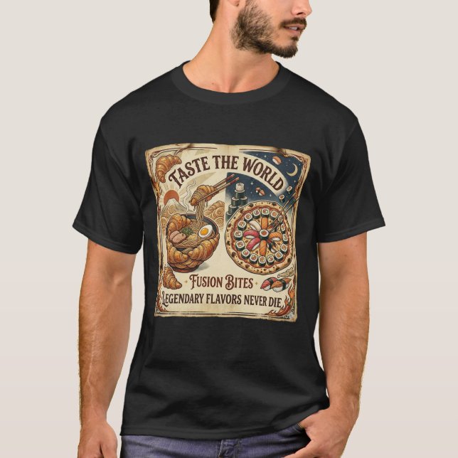 Rolig Fusionsushi Pizza Ramen T-shirt för Mat (Framsida)