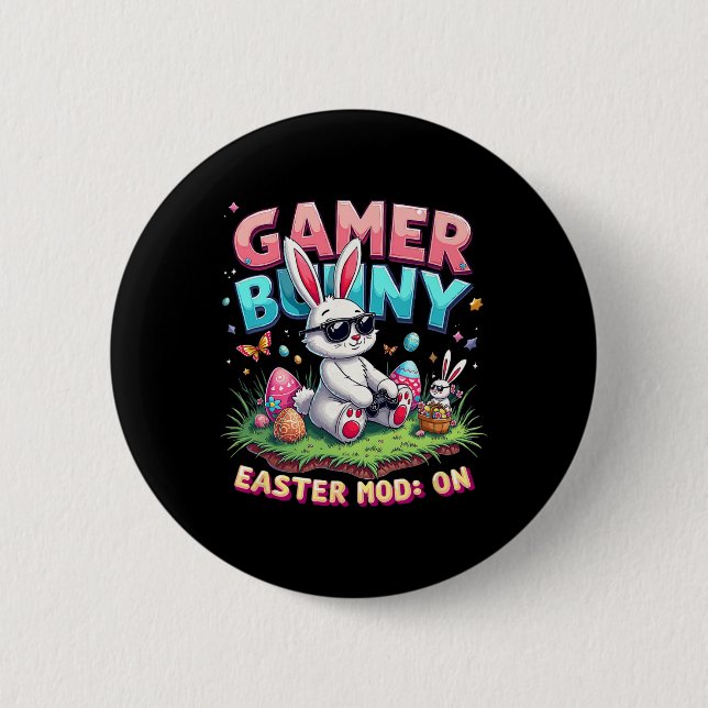 Rolig Gamer Kanin Påsk Mod På Rolig Spelpresent Knapp (Framsida)