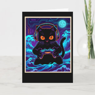 Rolig Gamer Katt Neon Cyber Gaming Natt Retro Kons Kort