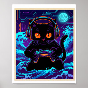 Rolig Gamer Katt Neon Cyber Gaming Natt Retro Kons Poster