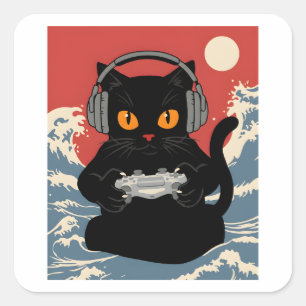 Rolig Gamer Katt Retro Kontrollhörlurar Natt Fyrkantigt Klistermärke