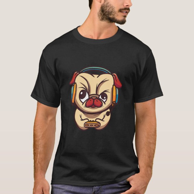 Rolig gamer mops hund t shirt (Framsida)