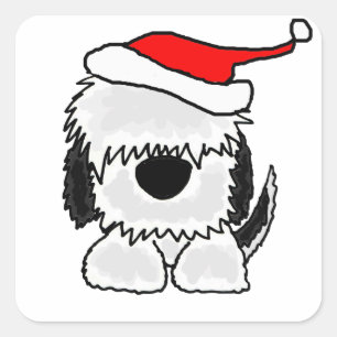 Rolig gammal engelsk Sheepdog i den Santa hatten Fyrkantigt Klistermärke