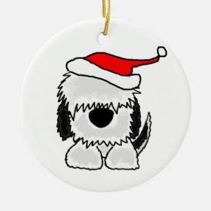 Rolig gammal engelsk Sheepdog i den Santa hatten Julgransprydnad Keramik