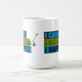 Rolig gammal gräsklippare klippte pappa skämt smör kaffemugg