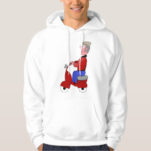 Rolig gammal man som kör röd skoter hoodie