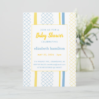 Rolig geometrisk gul och blå baby shower inbjudan