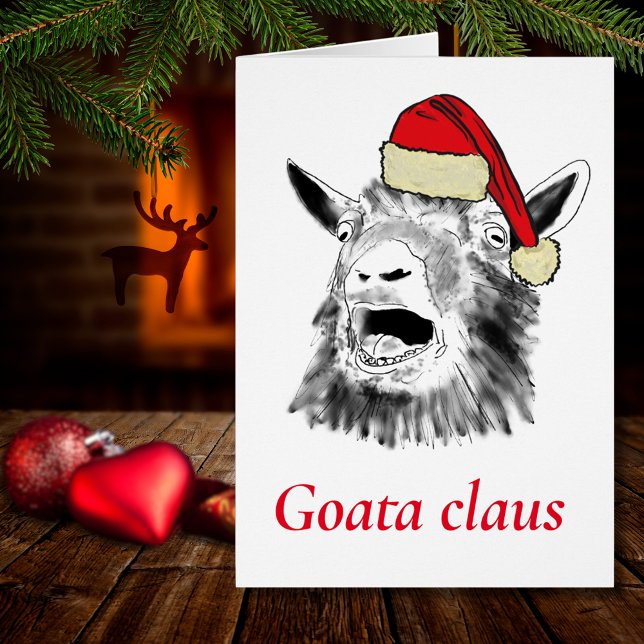 Rolig get en Claus som skriker jul Hälsningskort (Christmas screaming goat funny Goata Claus farm animal wearing a Santa hat drawing holiday card)
