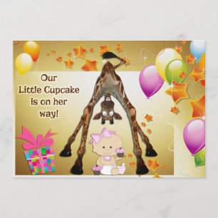 Rolig Giraff, Babyflicka och Cupcakes Baby Shower Inbjudningar