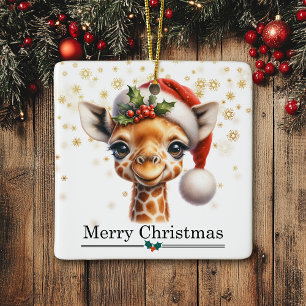 Rolig giraff med tomtehatt God Jul Julgransprydnad Keramik