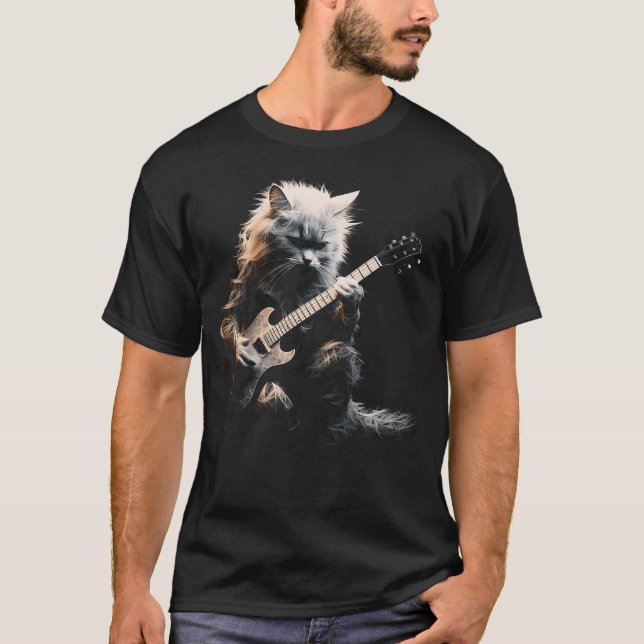 Rolig Gitarr Katt Rock Katt Spelar T Shirt (Framsida)