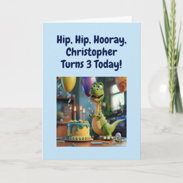 Rolig Glad 3-årsdag Son, Dino, Personlig Kort (Framsida)