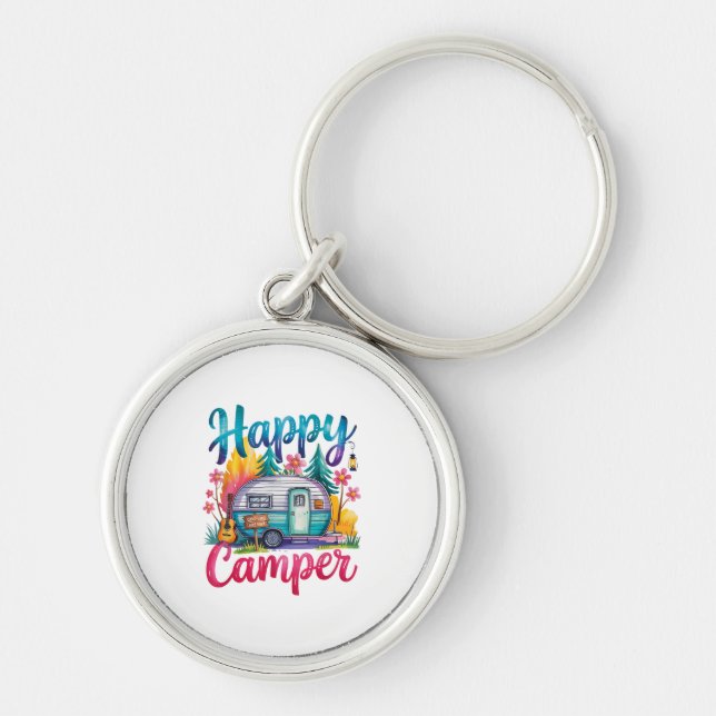 Rolig Glad Campare Camping Kläder Trailer Husbil B Rund Silverfärgad Nyckelring (Framsidan)