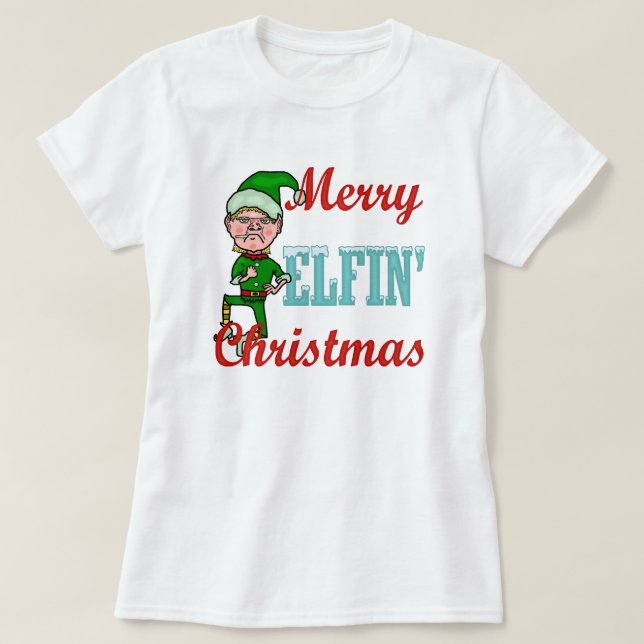 Rolig glad Elfin humor för julhelgdagälva T-shirt (Design framsida)