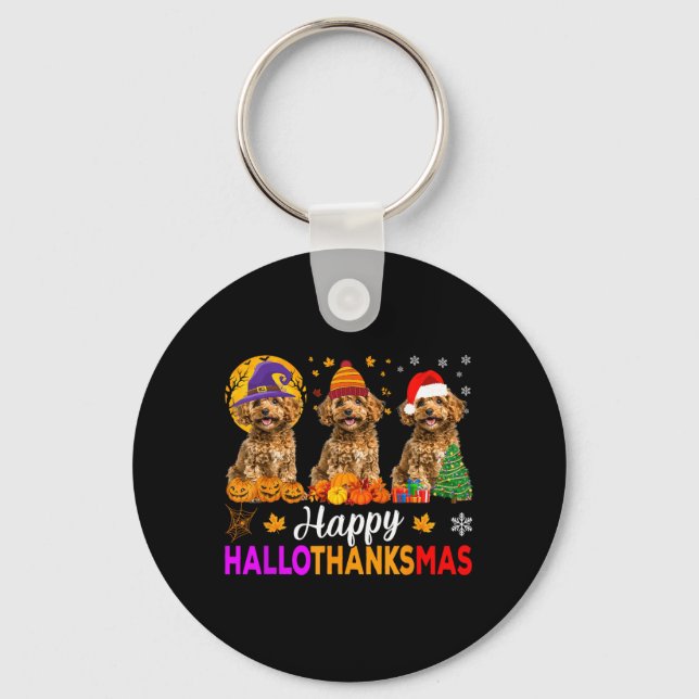 Rolig Glad Hallothanksmas Pudel Hund Halloween Nyckelring (Framsida)